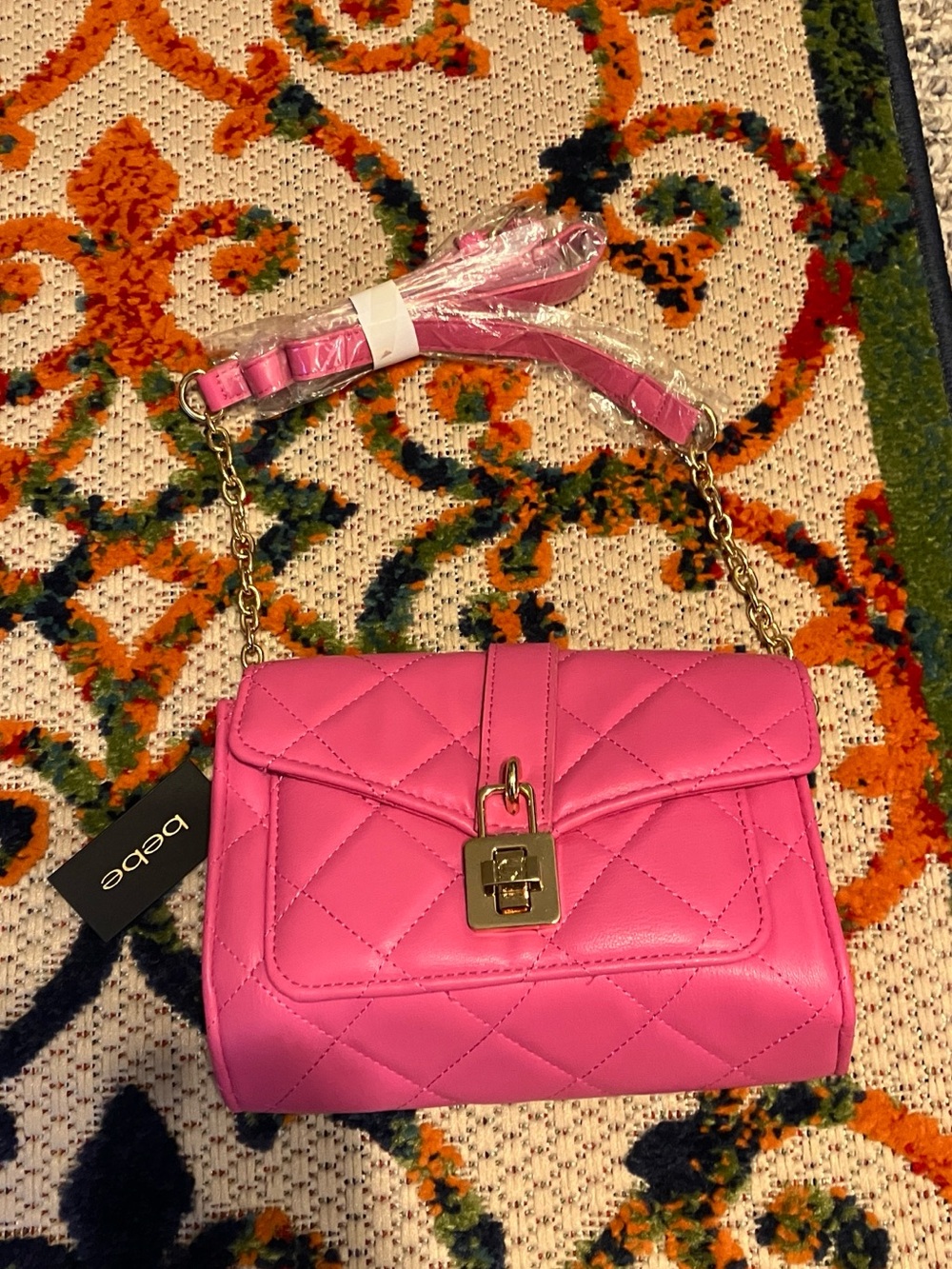 bebe Hot Pink Quilted Crossbody with Gold Chain